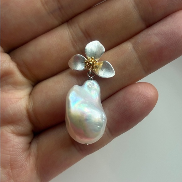 Floral Pearl Drop Earrings in Silver and Gold - Picture 4 of 8